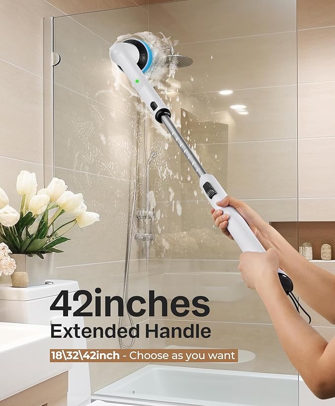 LyriFine Electric Spin Scrubber New Full-Body IPX7 Waterproof Bathroom Cleaner Brush Shower Scrubber with Long Handle &amp 2 Speed Heads Replacement Cleaning Supplies for Tub Shower Tile Floor