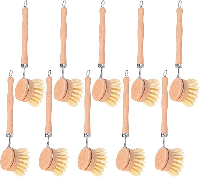 10 Pack Fiber Bristle 2-Inch All-Purpose Kitchen Dish Scrub Brush with Beechwood Handle - Dish Brush with Hooked Handle for Pots Pans and Kitchen Utensils - Made in Germany