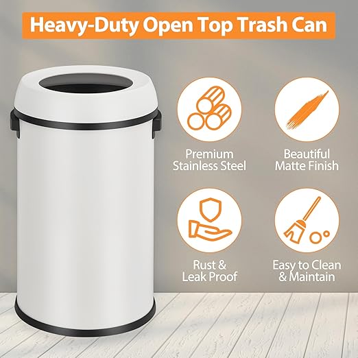 GarveeHome 17 gal/65 L Open Top Trash Can Stainless Steel Rubbish Bin Commercial Grade Waste Container Round Garbage Can for Outdoor Home Office Restaurant White