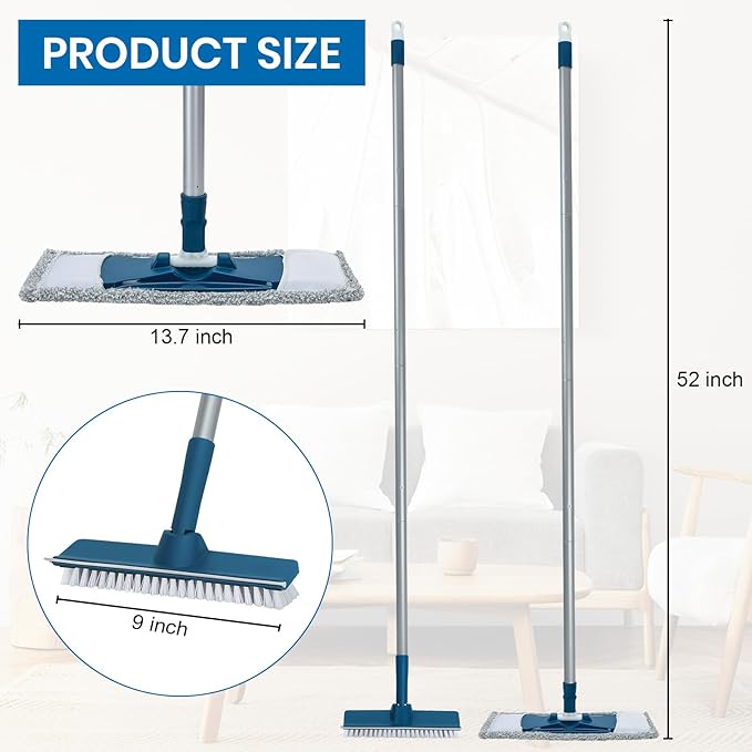 Collapsible Mop and Bucket Set with Scrub Mop and Brush Tile Laminate Hardwood Floor Brush and Flat Mops for Floor Cleaning Foldable Bucket with Washable Microfiber Mop(Blue)