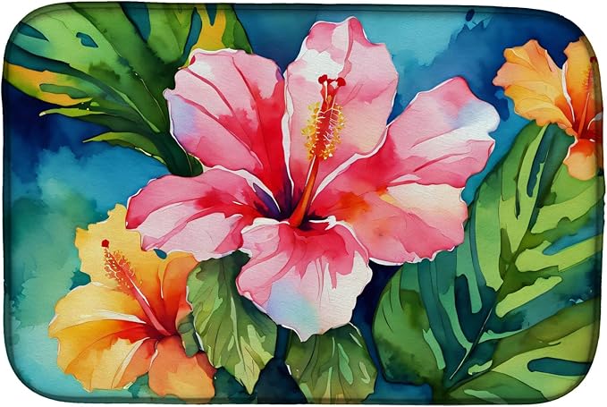 Caroline's Treasures DAC1644DDM Hawaii Hawaiian Hibiscus in Watercolor Dish Drying Mat Absorbent Dish Drying Mat Pad for Kitchen Counter Dish Drainer Mat for Countertop 14 x 21 Multicolor