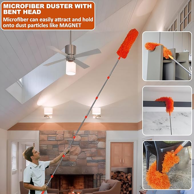 20+ Feet High Reach Duster Kit with 3-14 ft Extension Pole High Ceiling Dusting and Window Cleaning Kit with Spliceable Pole - Window Washer &amp Squeegee Cobweb Duster Fan Blade and Feather Duster