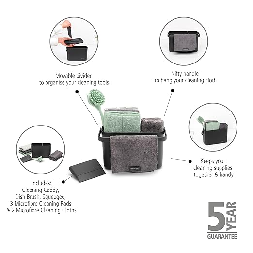 Brabantia SinkSide Cleaning Set of 8 - Dark Gray | Cleaning Caddy with Handle Microfiber Pads Cloths Dish Brush Squeegee | Complete Sink Tidy Solution | Kitchen Sink Organizer