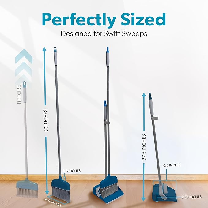 BLACK+DECKER Butler Broom &amp Dustpan Set - Stand-Up Design - Lightweight Space-Saving Combo for Kitchen Living Room Bathroom Lobby Floors - Home Cleaning Essential Ocean Blue