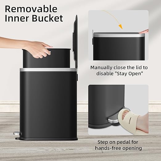 KUK Slim Bathroom Trash Can with Lid Soft Close Step Pedal 2.6 Gal/ 10L Stainless Steel Garbage Can with Removable Inner Bucket Anti-Fingerprint Wastebasket for Office Bedroom Toilet (Black)