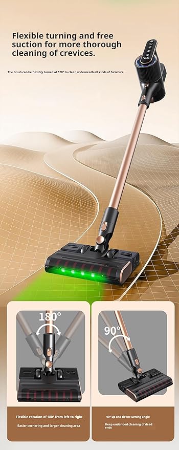 Cordless Vacuum Cleaner 15KPA Strong Suction 2-in-1 Vacuum Mop Combo with Green Light Dust Detection 3 Modes for Home Hard Floor Carpet Long Battery Life Smart LED Display (Black Gold)