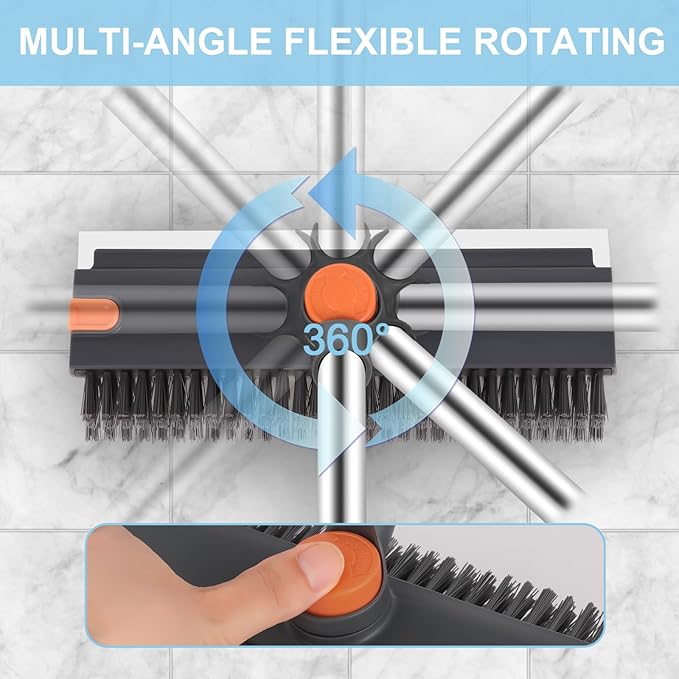 Floor Scrub V Brush with Long Handle 4 in 1 Silicone Scrape and Stiff Bristle Scrubber 360° Cleaning Brush with Tweezers for Shower Bathroom Patio Garage Kitchen Wall and Deck