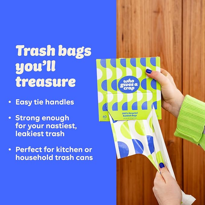 Who Gives a Crap 100% Recycled Tall Kitchen Trash Bags 40 Count 13 Gallon Sustainable Garbage Bags for Kitchen or Large Trash Cans Designed to Help Resist Leaks and Tears Durable Tie Handles