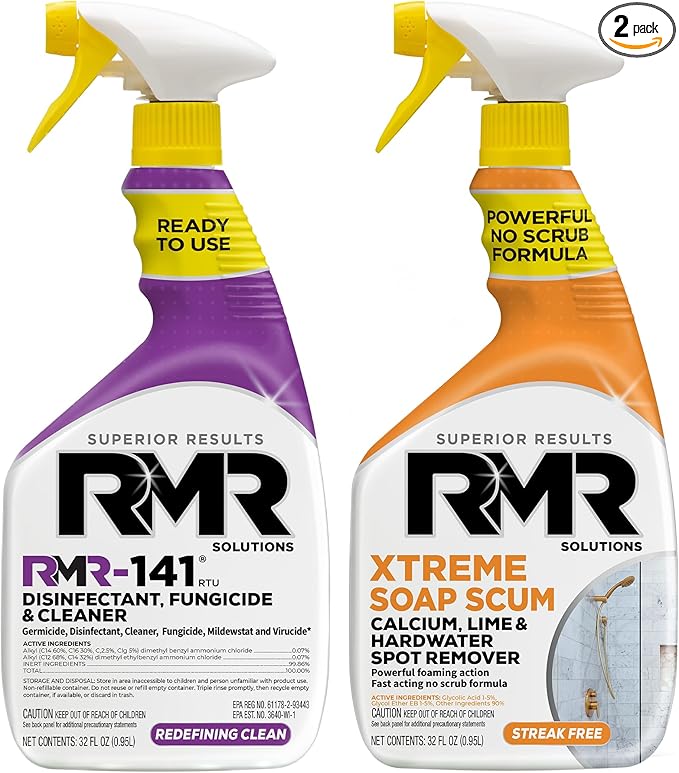 RMR Polish &amp Protect Bundle – Xtreme Soap Scum Remover + RMR-141 EPA Registered Mold &amp Mildew Spray 2-Step Clean &amp Disinfect System for Buildup Hard Water Tile Surfaces Glass 2–32 Oz