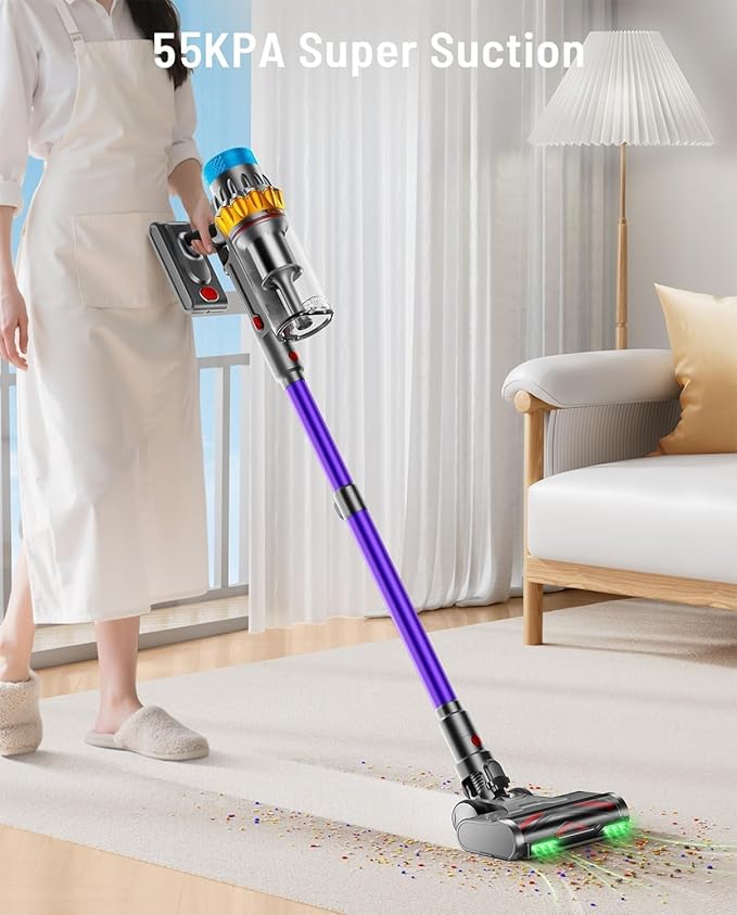 Cordless Vacuum Cleaner 650W 55KPA 70Min Powerful Vacuum Cleaners for Home Self-Standing Stick Vacuum Cordless Rechargeable/ Anti-Tangle/OLED Screen/1.8L Cup for Home Pet Hair/Carpet/Hardwood Floor