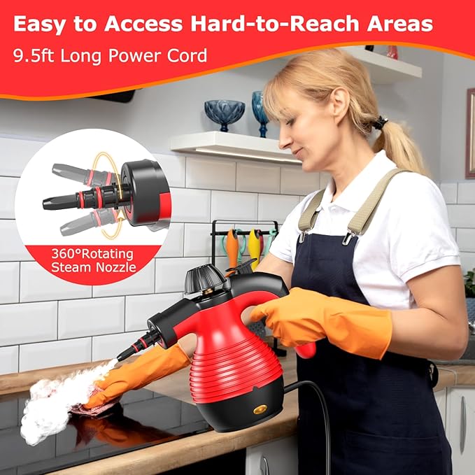 COSTWAY Handheld Steam Cleaner 1050W Portable Household Steamer with 9 Accessories 12 oz Water Tank Multipurpose Pressurized Steam Cleaning Machine for Floor Window Grease Grime (Red)