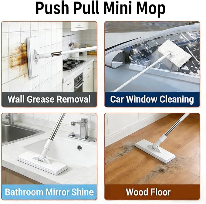 Convenient Cloth Changing Mini Mop Snap Grip Mini Mop Use Any Cloth Retractable Gap Dust Cleaner Flat Mops with Locking Head &amp Sweeping Cloths 40inch Handle for Multi-Surface No Wash(2pcs)