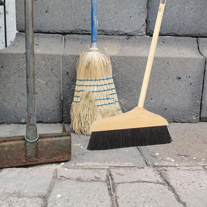 Mikikit Horsehair Broom with Long Handle Soft Pine Bristles Anti-Static Home Broom for Hardwood Floors Carpets Indoor Cleaning