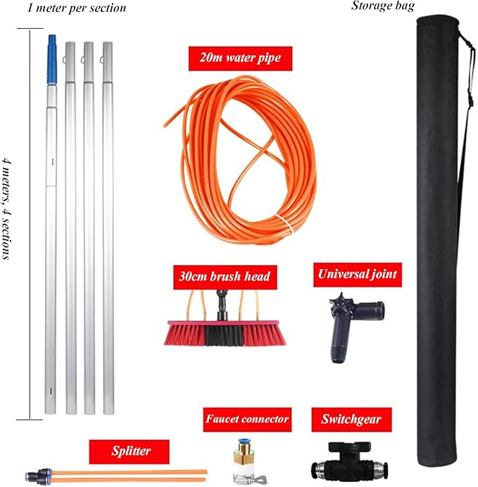Window Scrubber with Long Handle Glass Cleaning Tools with 30cm Cleaning Brush and 20m Water Pipe for Car Shower Indoor or Outdoor Mirror Door Solar Panel