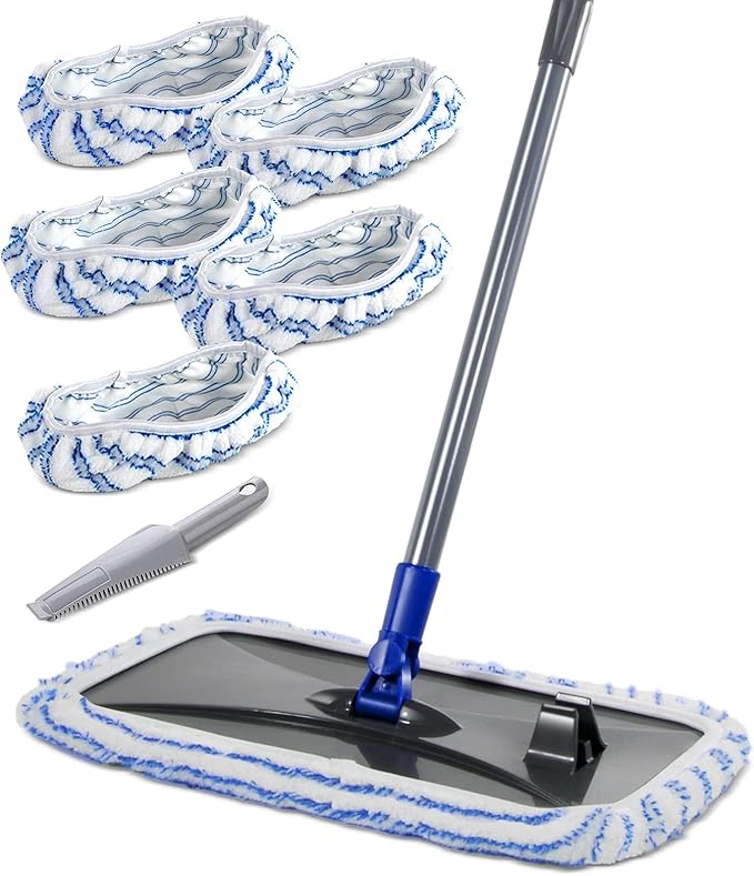Masthome Extra Large Microfiber Mop for Floor Cleaning 16“ Flat Mop with 5 Pad for Wet &amp Dry Use Dust Mop for Hardwood Laminate Tile Ceramic 1 Cleaning Scraper Included-Blue