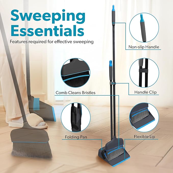 BLACK+DECKER Butler Broom &amp Dustpan Set - Short Handle Stand-Up Design - Lightweight Space-Saving Combo for Kitchen Living Room Bathroom Lobby Floors - Home Cleaning Essential Black/Blue