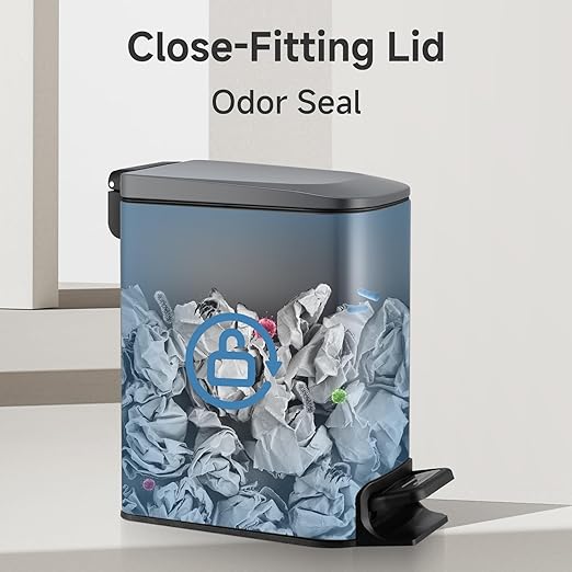 TIPGO Slim Bathroom Trash Can with Lid Soft Close 6 Liter / 1.6 Gallon Stainless Steel Garbage Can with Removable Inner Bucket Step Pedal Small Trash Cans for Bedroom Office Kitchen (Grey)