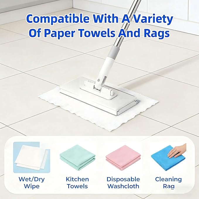 Snap Grip Mini Mop - Zero Touch No Wash Lazy Mop Compatible with Swiffer &amp Face Towels Adjustable for Wet/Dry Floors Tile Hardwood Corners (5 Reusable Cloths)