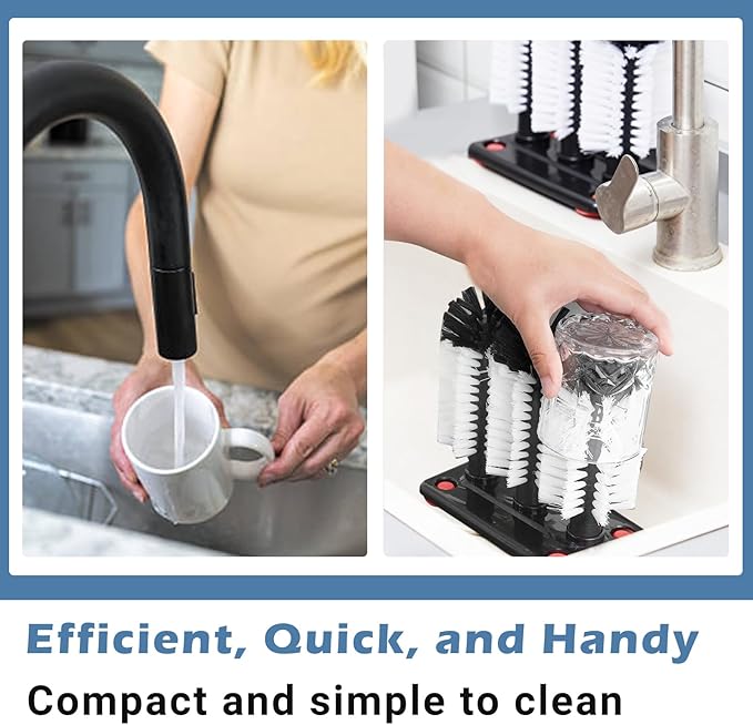 2 Pcs Water Bottle Cleaning Brush 7.3 x 3.7 x 7.5 Inch 3 Head Bristle Bar Glass Washer with Suction Base Washer Brush Cleaner for Cup Sink Wine Glass Bar Beer Cup
