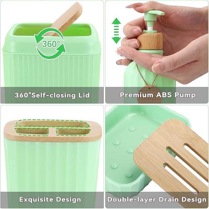 32PCS Green Bathroom Accessories Set with Shower CurtainRugsTrash Can3PCS Lotion Soap Dispenser Toothbrush Holder Soap DishTumbler Cup6PCS Wood Tags Bath Accessories with Tray for Bathroom