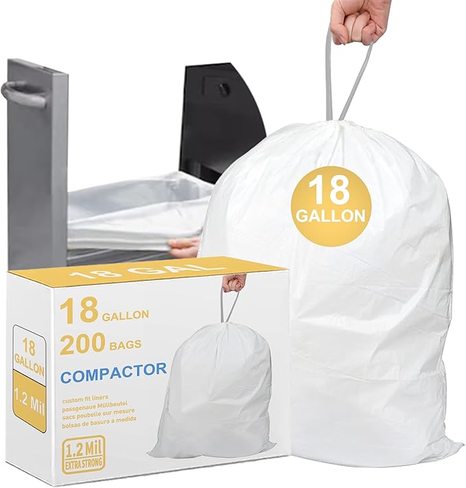 18 Gallon 200 Count Compactor Kitchen Trash Bags Heavy Duty 1.2 Mil THICK Reinforced Drawstring Perfect Fit for 18 Gallon Compatible with Kitchenaid Whirpool GE 15 Inch Compactors GRAND SAVE!