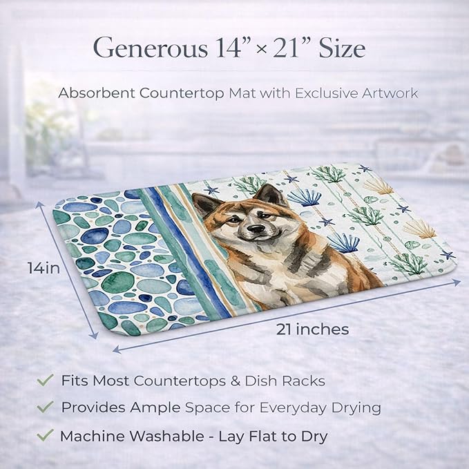 Caroline's Treasures Brindle Akita Coastal Sea Glass Dish Drying Mat Absorbent Dish Drying Mat Pad for Kitchen Counter Dish Drainer Mat for Countertop 14 x 21 Multicolor
