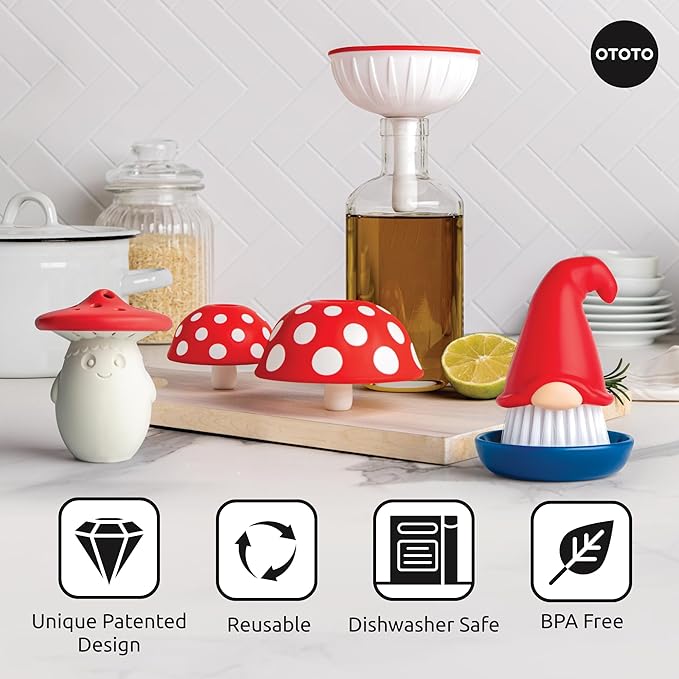 OTOTO Forest Trio Bundle of Beardy Magic Mushroom Fun Guy - Gnomes Dish Brush Fungilicious Kitchen Funnel Fridge Deodorizer Mushroom Decor Cute Kitchen Accessories Unique Mushroom Gnome Gifts
