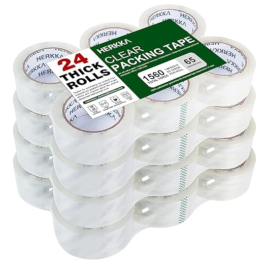 HERKKA Clear Packing Tape 24 Rolls Heavy Duty Packaging Tape for Shipping Packaging Moving Sealing Thicker Clear Packing Tape 1.88 inches Wide 65 Yards Per Roll 1560 Total Yards