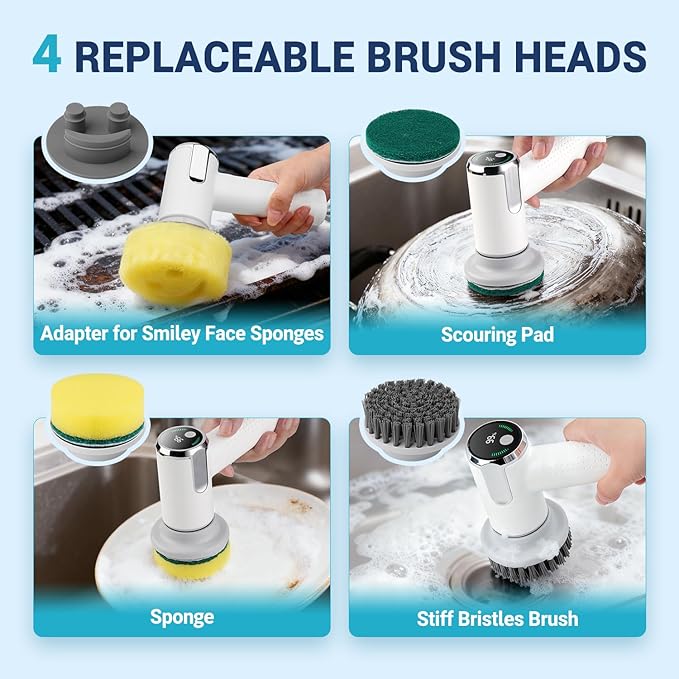 Electric Spin Scrubber Compatible with Scrub Daddy/Mommy Coinicxcel 2-Speed Option IP7X Waterproof Smile Sponge Dish Wand Holder with 4 Replaceable Heads Lightweight for Oven/Stove/Sink