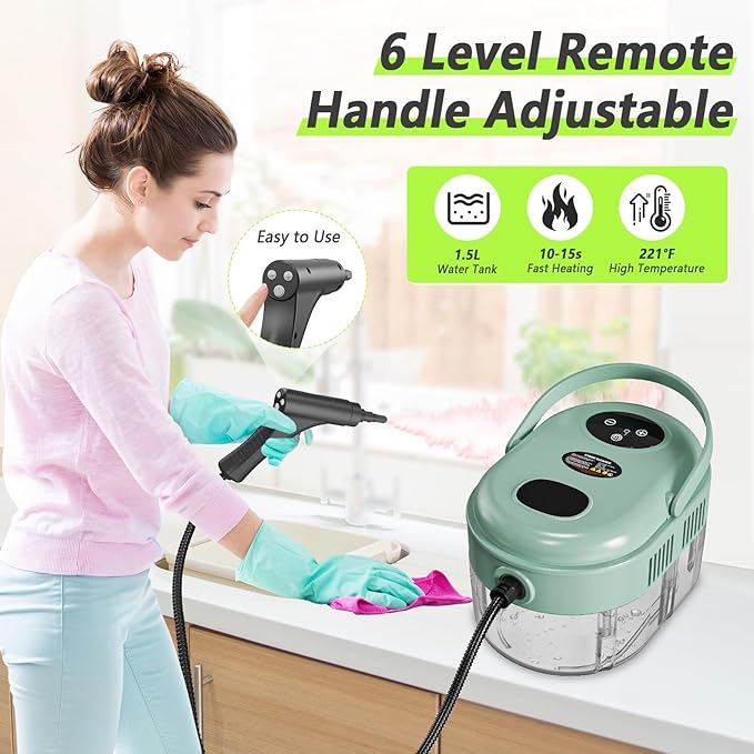 Steam Cleaner Handheld Steam Cleaner with 6 Levels Adjustable Handle 1.5L Water Tank Steamer for Cleaning Portable Steam Cleaner for Home Car Furniture Couch Bed Bugs (Green)