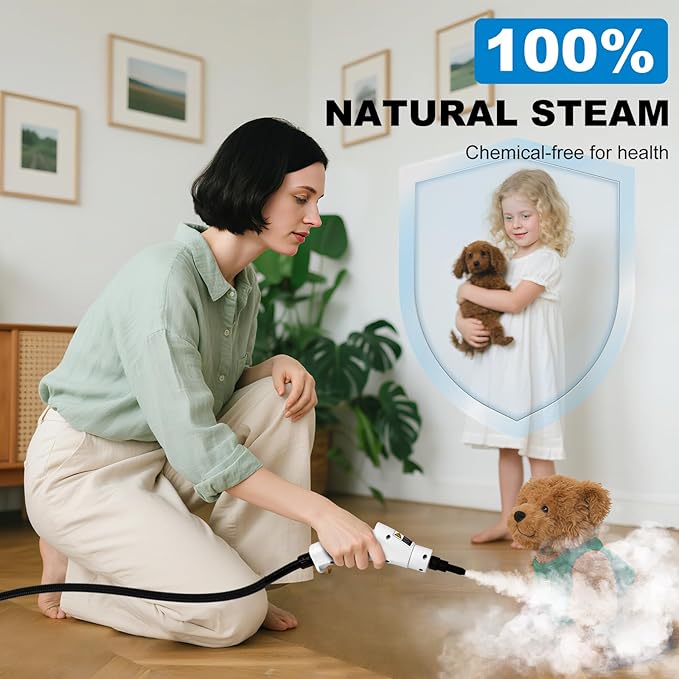 1L Handheld Steam Cleaner for Home and Kitchen Cleaning 2500W 15s Fast-Heating &amp 3 Speeds Portable Steam Cleaner Multi-Surface Deep Cleaning Supplies for Surface Corner Crevice (110V White)