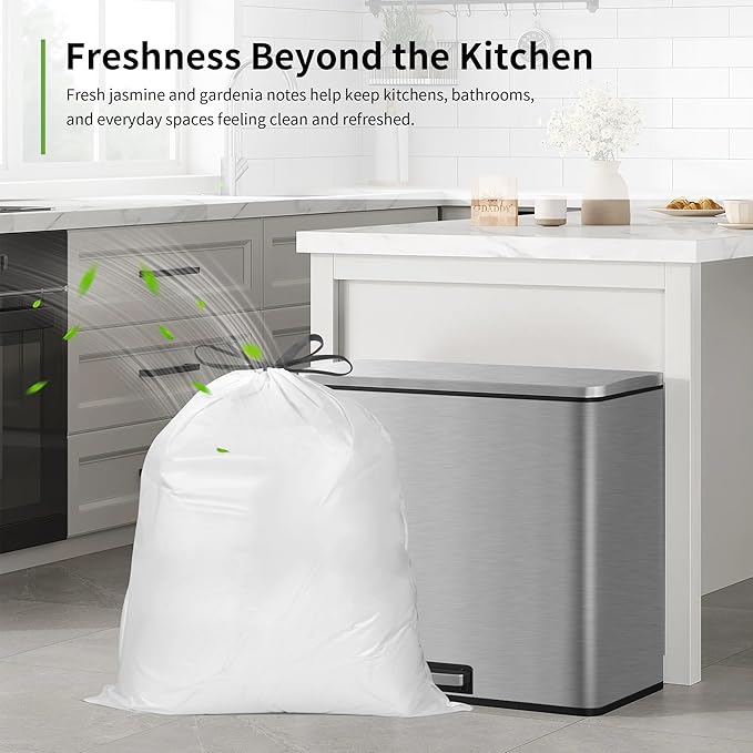 REION Trash Bags Spring Mist (Jasmine Blend) | Tear-Resistant and Odor-Suppressant | Ideal for Home and Kitchen garbage can | Household Essentials | Tall Kitchen bags with drawstring | 13 Gallon 50 ct