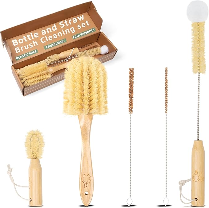 Bottle Brush Set - Ergonomic &amp Plastic Free Bamboo Bottle Brush All in One Bottle And Straw Brush Cleaning Set Sturdy Eco Friendly Water Bottle Cleaner Brush Set Great Baby Bottle Cleaner Brush