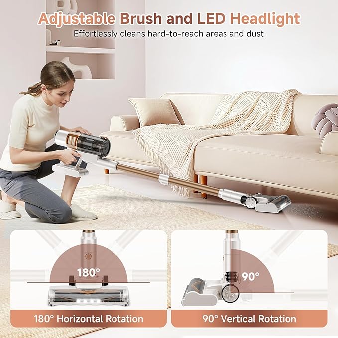 Cordless Vacuum Cleaner: Portable 6-in-1 Stick Vacuum with Anti-Tangle Brush LED Headlight Self-Standing HD Display Rechargeable Vacuum for Pet Hair Low-Pile Carpet and Hardwood Floor-Off White