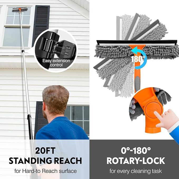 20 Ft High Reach Window Squeegee with 5-12Ft Extra-Thick Aluminum Telescopic Extension Pole| 14 Extra-Large 2-in-1 Window Cleaner Tool| Window Washer for Indoor/Outdoor WindowRVTruck Glass