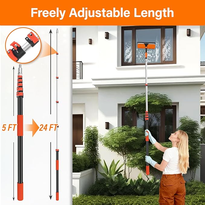 30FT High Reach Duster Cleaning Kit with 24FT Pole | 4-in-1 Tool Set with Universal Swivel Joint | High Ceiling Fan Cleaner Microfiber Duster &amp Window Squeegee for Safe High-Reach Cleaning