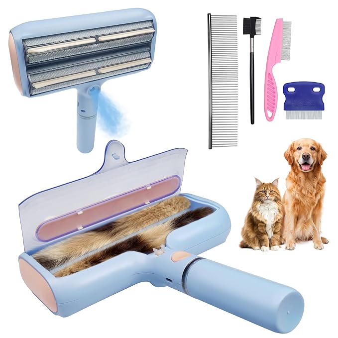 Pet Hair Remover Set with Spray &amp Self-Storage – Reusable Double-Sided Roller 4-Piece Grooming Brushes &amp Combs for Dogs Cats Furniture &amp Clothing