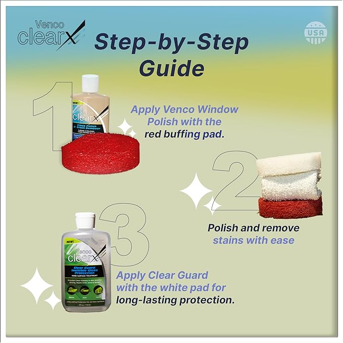 Venco Clear X Multi-Surface Glass Polish - Advanced Oxidation &amp Water Spot Remover with Clear Guard Technology - Perfect for Yachts Home Windows RVs &amp Car Windshields - Made in the USA - 4oz