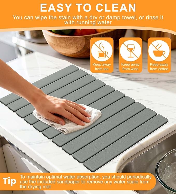 Stone Dish Drying Mat for Kitchen Counter 24(L)×16(W) Collapsible Fast Drying Diatomaceous Earth Mats with Towel Sanding ToolVersatile Stone Drying Mats for Cups Dishes Bottles Bathroom -Gray