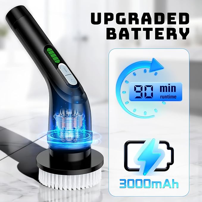 Electric Spin Scrubber Powerful 2-Speed Cleaning Brush IPX7 Waterproof with 7 Reusable Brush Heads &amp Extendable Handle for Bathroom Toilet Shower Kitchen Wall Tile Floor Grout (Black)
