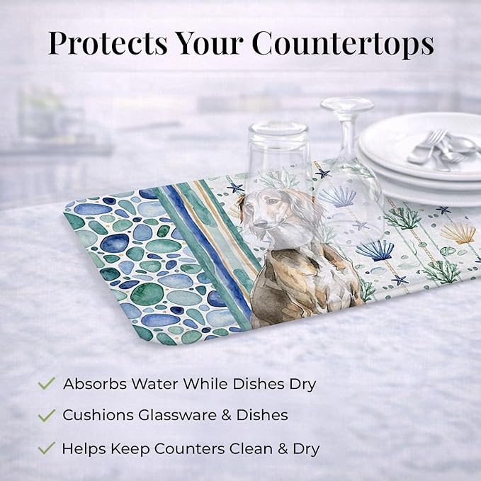 Caroline's Treasures Grizzle Saluki Coastal Sea Glass Dish Drying Mat Absorbent Dish Drying Mat Pad for Kitchen Counter Dish Drainer Mat for Countertop 14 x 21 Multicolor