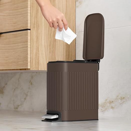 TrashAid Slim Bathroom Trash Can with Lid Soft Close 6 Liter/1.6 Gallon Stainless Steel Small Garbage Can with Removable Inner Bucket Step Pedal Slim Wastebasket for Toilet Office Bedroom Brown