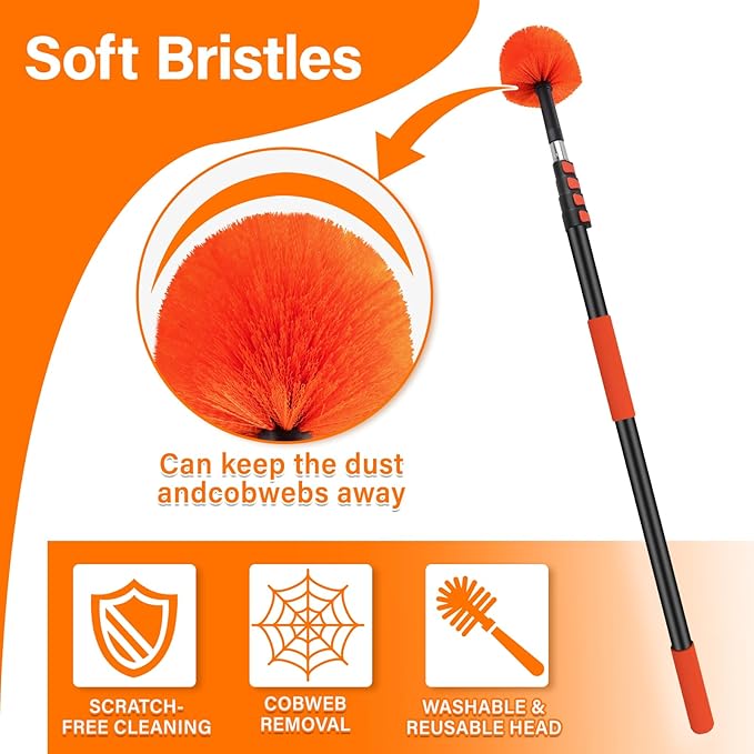 26FT Cobweb Duster with Extension Pole - High Reach Duster for High Ceilings &amp Outdoor Use - Telescoping Pole 5-20 Ft Soft Bristles Cobweb Cleaner - 3/4 Acme Universal Thread