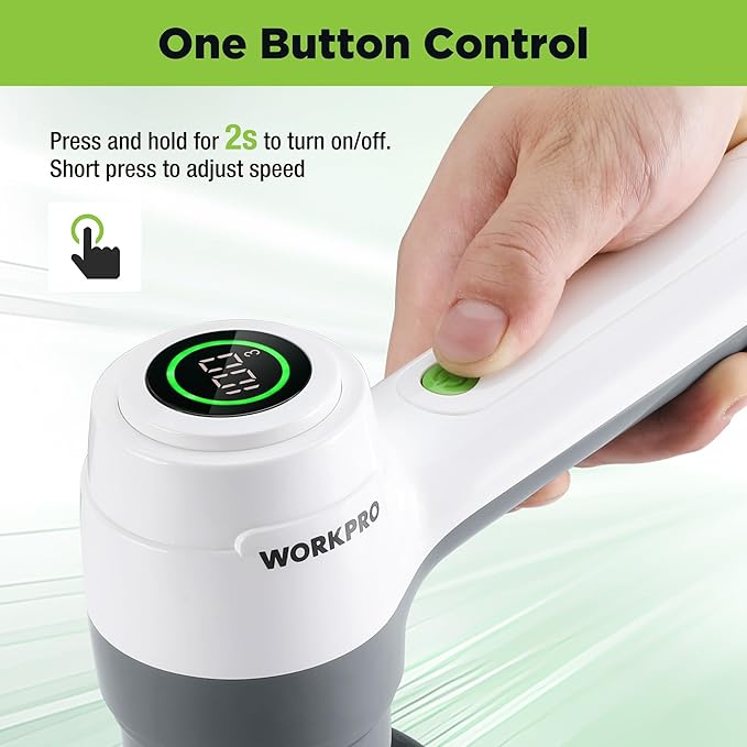 WORKPRO 8V Electric Spin Scrubber 3-Speed Adjustable Shower Scrubber with 6 Replaceable Brush Heads IPX6 Waterproof Electric Scrubber for Cleaning Bathroom Kitchen Sinks and Windows