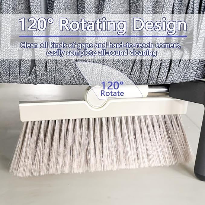 Triangular Indoor Broom and Dustpan Comb Set 180° Rotating Soft Bristle Long Handle Upright Sweeping Angled Broom with Self-Cleaning Teeth for Home Kitchen Office Wood Floor (White Gray)