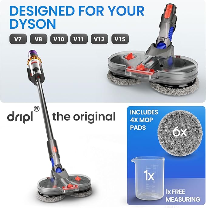 Mop Attachment Compatible with Dyson V7/V8/V10/V11/V15/Gen5 Vacuum Cleaners Electric Floor Mop with Removable Water Tank and 6 Washable Mop Pads + 1 Refill Container (V7/V8/V10/V11/V15)