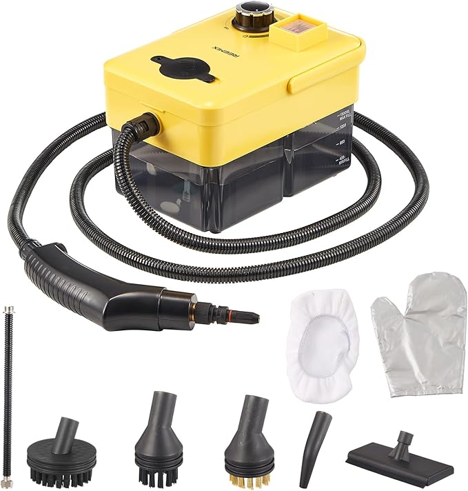Handheld Steam Cleaner 2500W High Pressure Power Steamer with Multiple Attachments Portable Steam Cleaner for Kitchen Bathroom Upholstery &amp Curtains Chemical-Free (Yellow Black)
