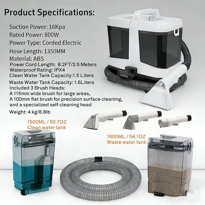 Portable Carpet &amp Upholstery Cleaner Machine 800W Brushless Motor 16KPa Powerful Suction Self-Cleaning with 3 Brush Heads Deep Cleaning Spot Shampooer for Pet Sofa Couch Car &amp Area Rugs