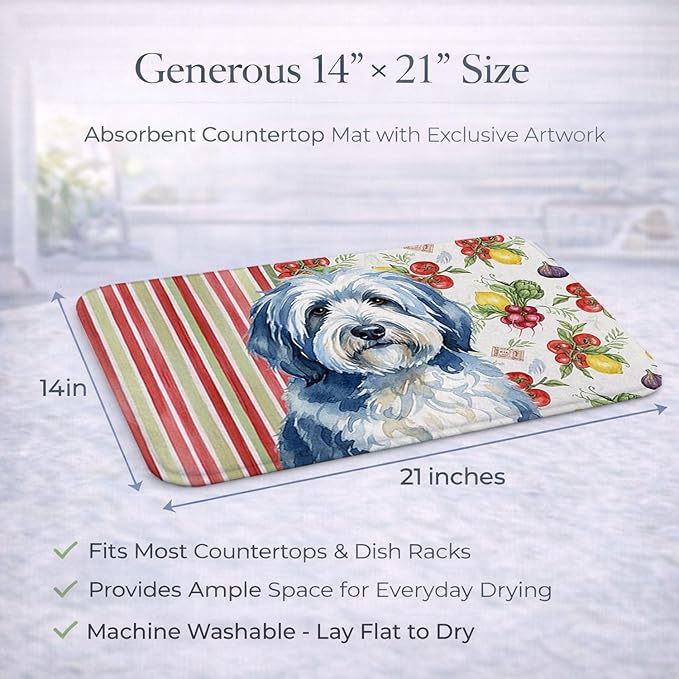 Caroline's Treasures Blue and White Old English Sheepdog Vegetables Dish Drying Mat Absorbent Dish Drying Mat Pad for Kitchen Counter Dish Drainer Mat for Countertop 14 x 21 Multicolor