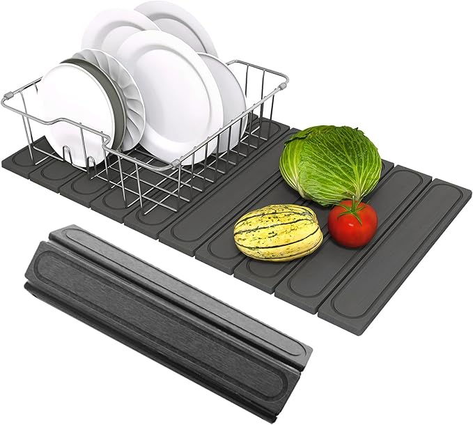 Hopegiver Stone Drying Mat for Kitchen Counter 24 x 16 Quick Dry Diatomaceous Earth Dish Drying Mat Super Absorbent Non-Slip &amp Foldable Modern Gray Carve Countertop Mat (GrayCarve24''x16'')